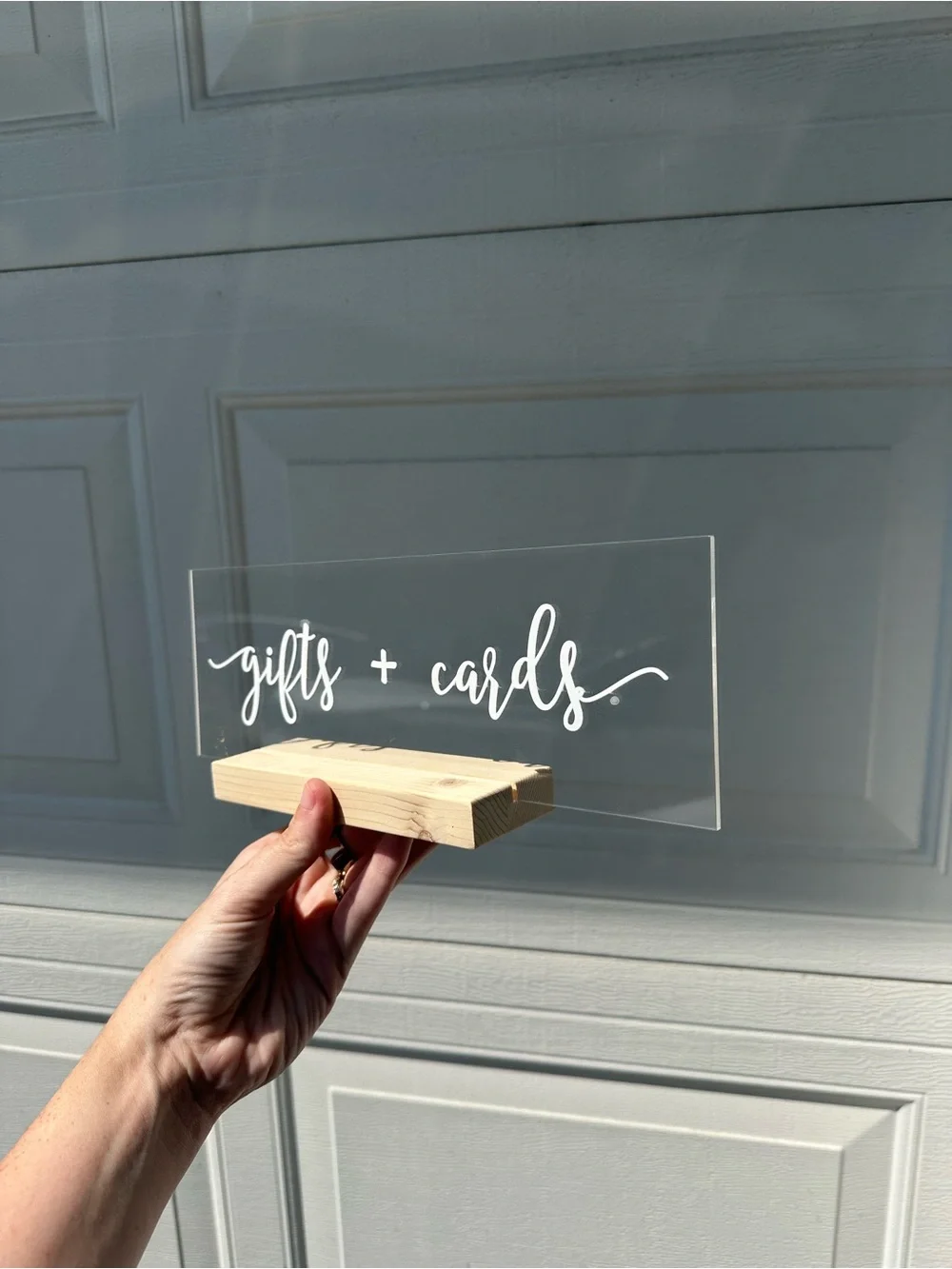 Clear Acrylic 'gifts + cards' Sign with Wooden Base